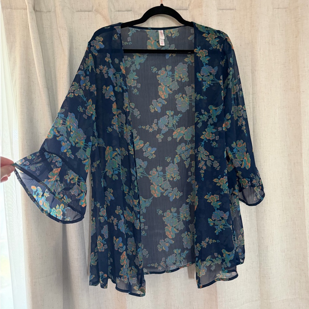 Navy Blue Floral Sheer Kimono with Teal and Coral Orange Accents Bell Sleeves